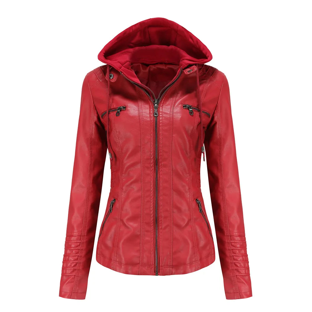 Veste en cuir PU amovible à capuche pour femmes