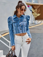 Veste en jean courte à manches longues bouffantes vintage pour femmes