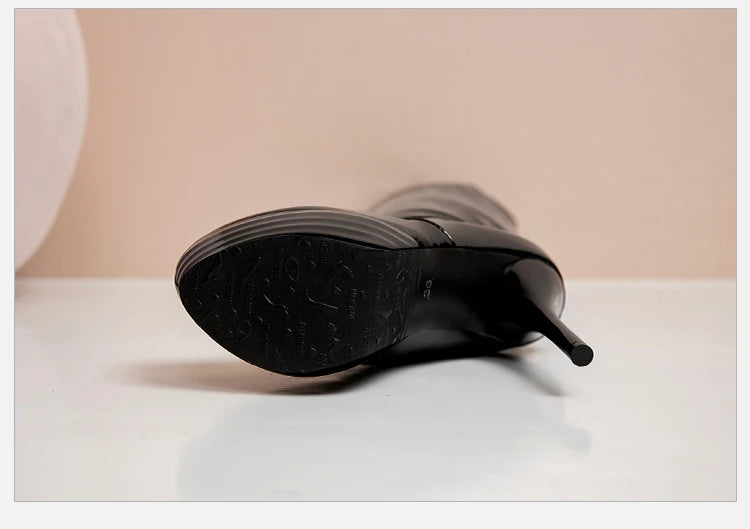 Bottes au dessus du genou en cuir verni à talons fins pour femmes