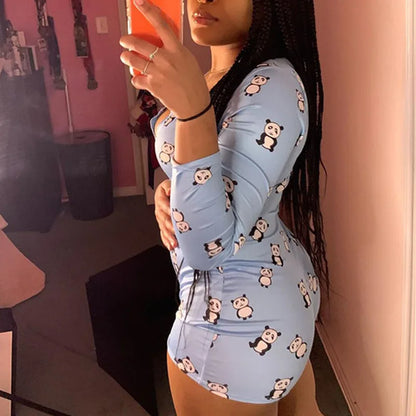 Combishort pyjama femme extensible à imprimé panda bleu