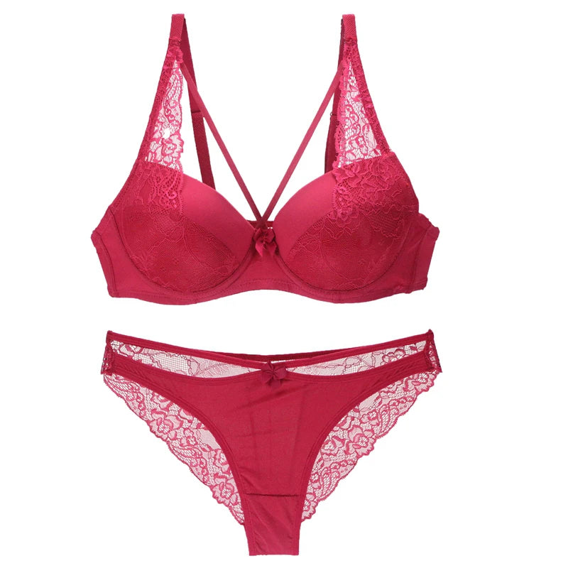 Ensemble soutien-gorge push-up sans coutures en dentelle 3/4 bonnet et culotte pour femmes