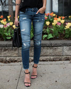 Pantalon en jean décontracté déchiré pour femmes