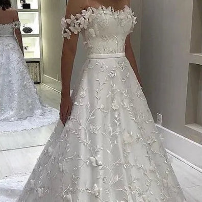 Robe de mariée blanche trapèze en dentelle et épaules dénudées pour femmes