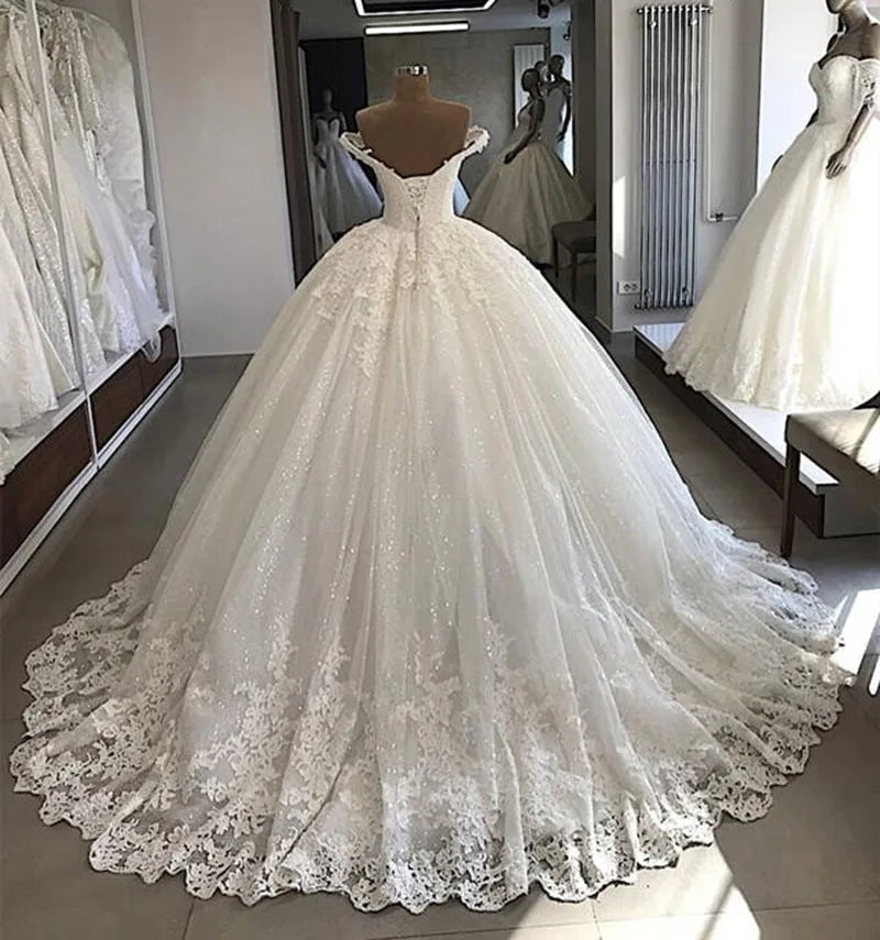 Robe de Mariée Personnalisée à Lacets dans le Dos, Grande Taille, Bouffante, Bling, Perlée, pour Patients