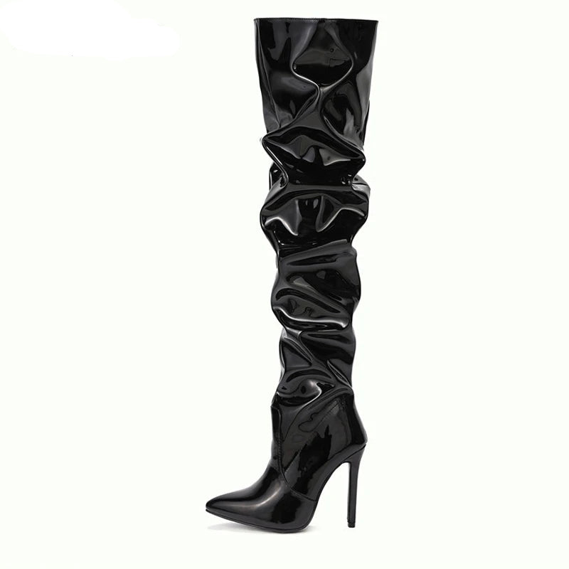 Cuissardes mode en cuir verni bout pointu fermeture éclair pour femmes
