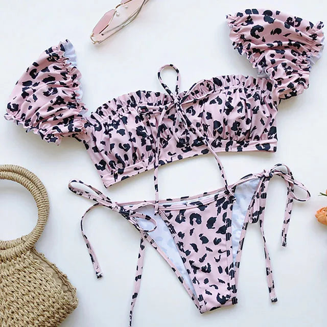 Maillot de bain deux pièces à manches courtes et à volants pour femmes