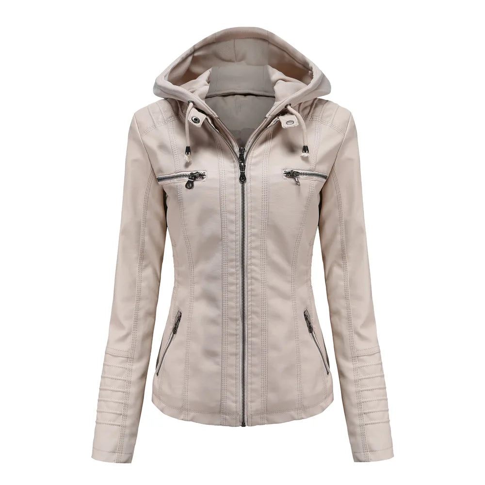 Veste en cuir PU amovible à capuche pour femmes