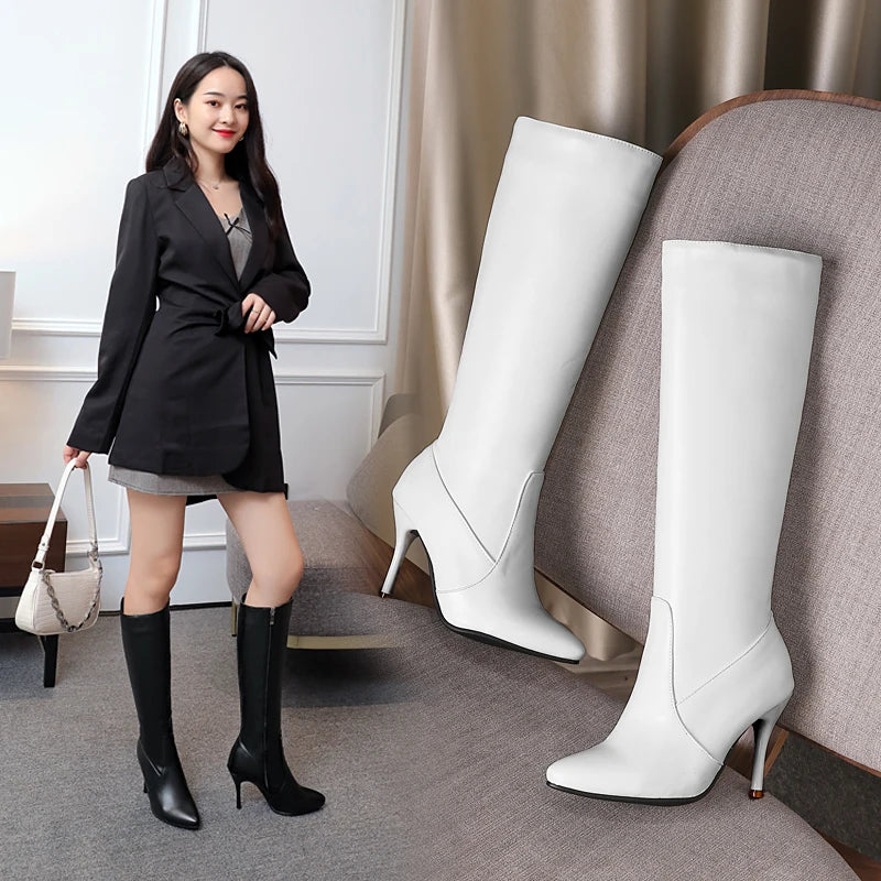 Bottes pointues au genou avec fermeture à glissière latérale pour femmes