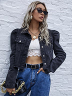Veste en jean courte à manches longues bouffantes vintage pour femmes