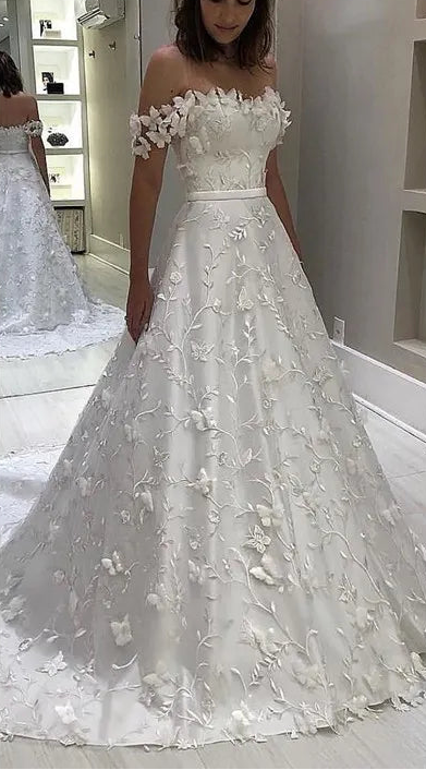 Robe de mariée blanche trapèze en dentelle et épaules dénudées pour femmes