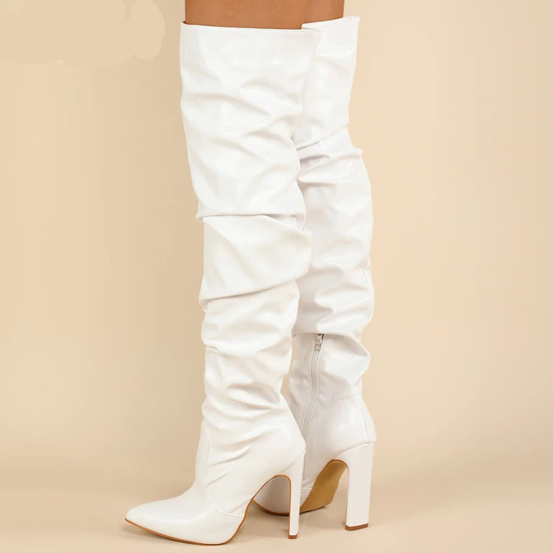 Botte cuissardes plissées mode bout pointu pour femmes