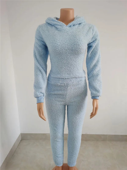 Ensemble femme 2 pièces effet laine d'agneau à capuche et pantalon