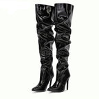Cuissardes mode en cuir verni bout pointu fermeture éclair pour femmes