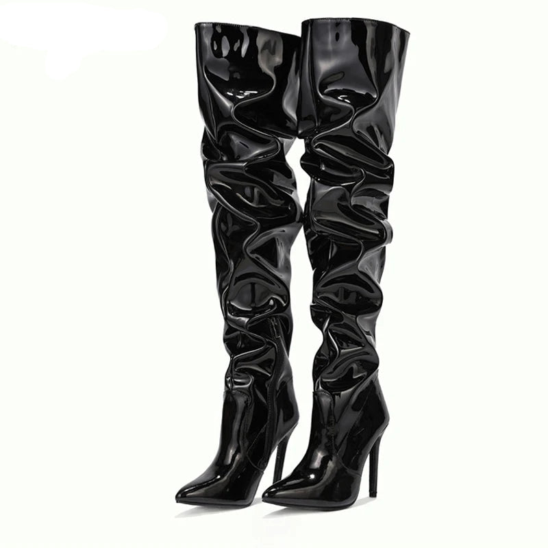 Cuissardes mode en cuir verni bout pointu fermeture éclair pour femmes