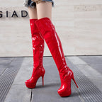 Bottes au dessus du genou en cuir verni à talons fins pour femmes
