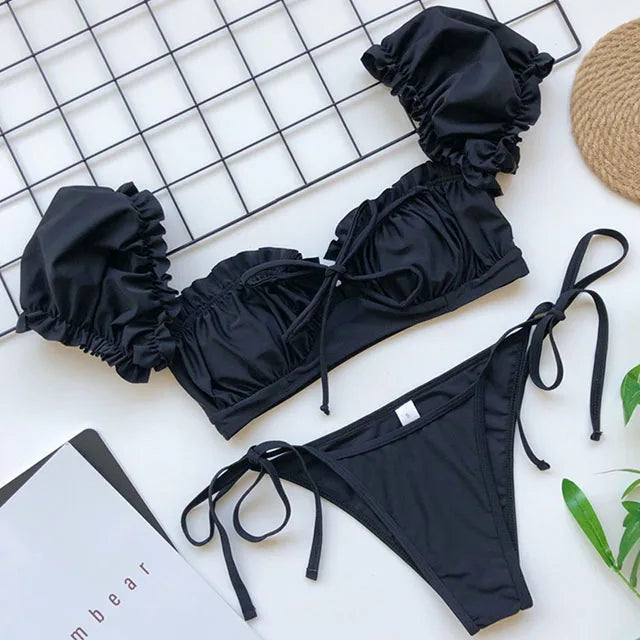 Maillot de bain deux pièces à manches courtes et à volants pour femmes