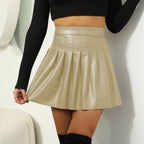 Mini jupe plissée en cuir noir marron pour femmes