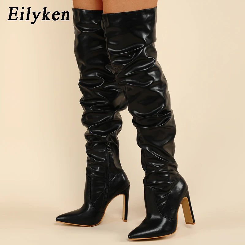 Botte cuissardes plissées mode bout pointu pour femmes