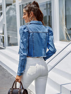 Veste en jean courte à manches longues bouffantes vintage pour femmes