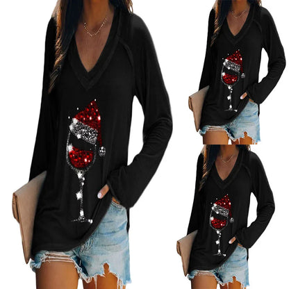 T-shirt femme manches longues col V à motif verre de vin rouge