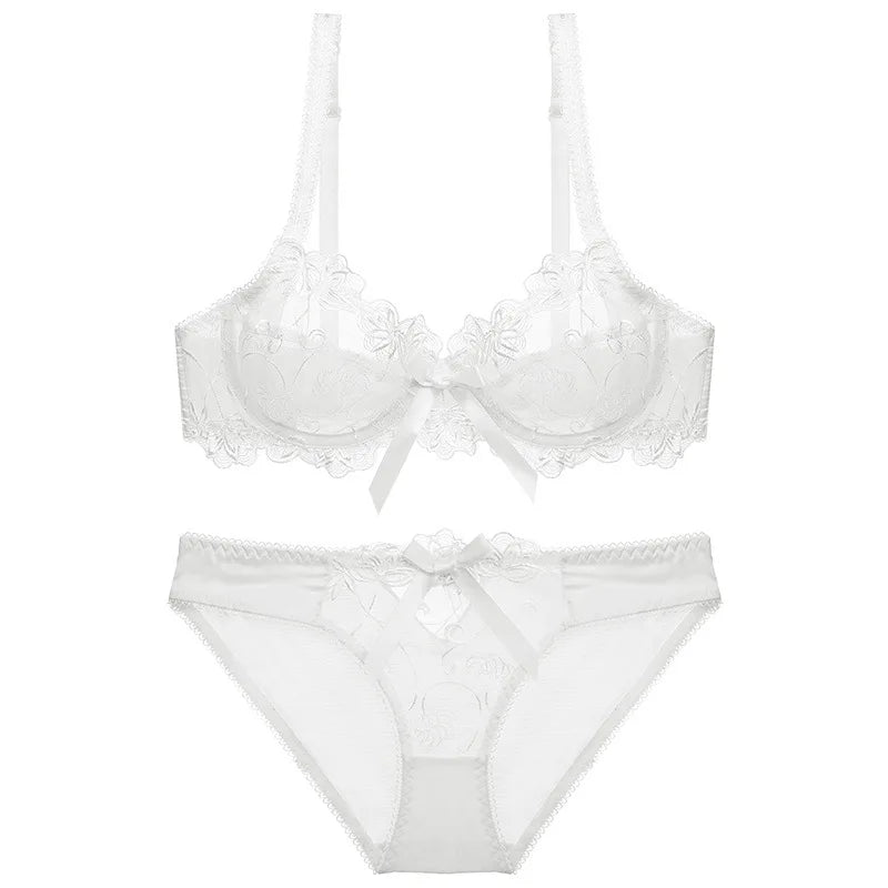 Ensemble de sous soutien-gorge et culotte transparent en dentelle brodée pour femmes