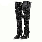 Bottes cuissardes  en cuir verni plissé de haute qualité pour femmes