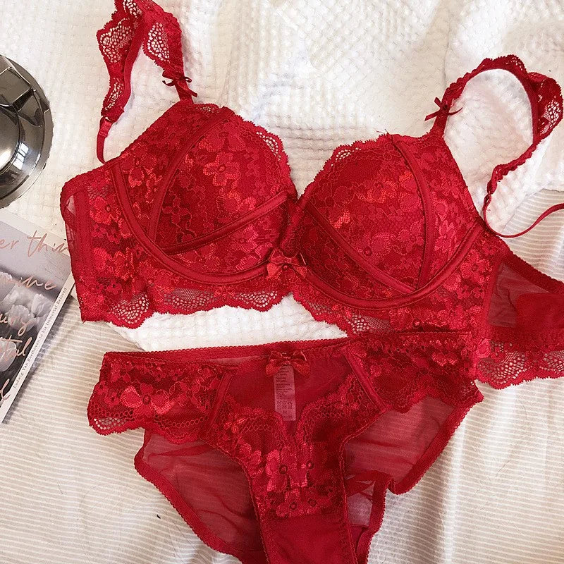 Ensemble soutien-gorge push Up en dentelle brodée et culotte pour femmes