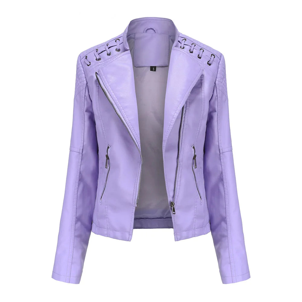 Veste en similicuir, coupe courte, manches longues pour femmes