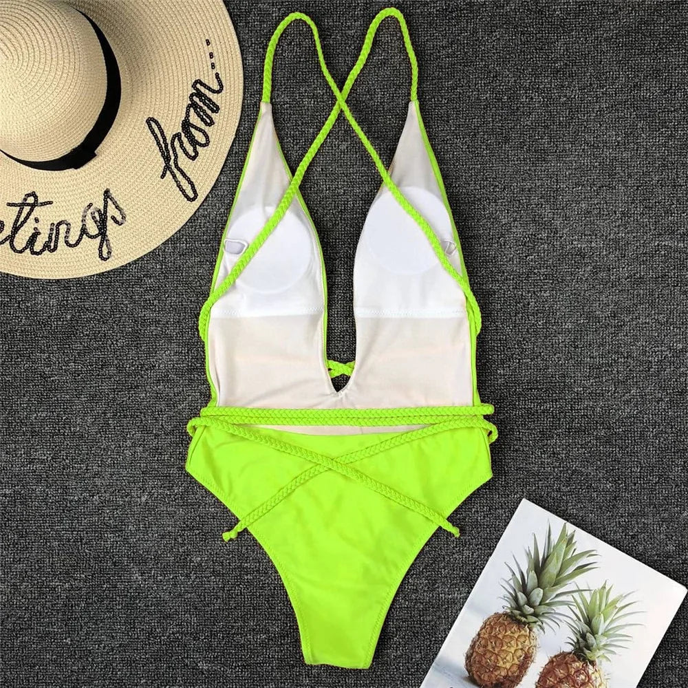Maillot de bain une pièce, décolleté en V plongeant, pour femmes
