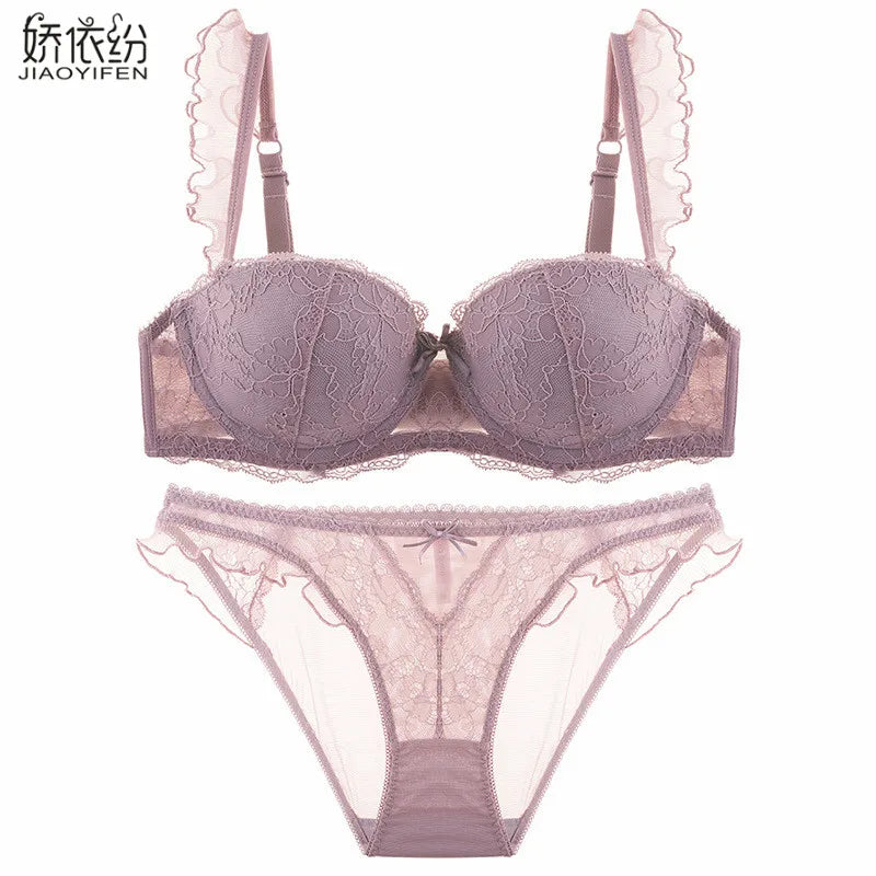 Ensemble culotte et soutien-gorge push-up en dentelle à volants sexy pour femmes