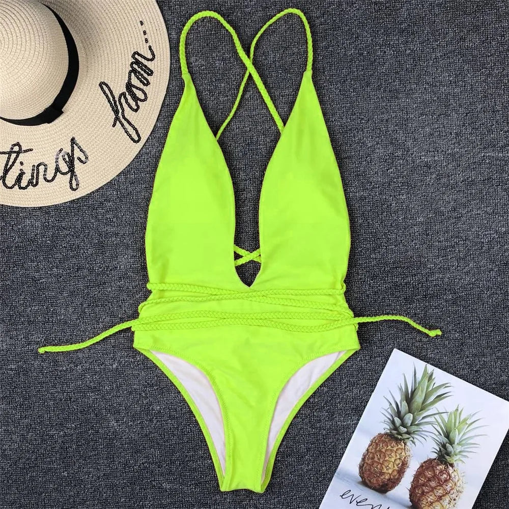 Maillot de bain une pièce, décolleté en V plongeant, pour femmes