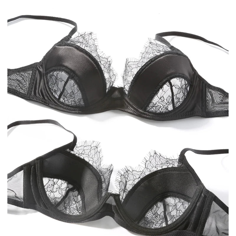 Ensemble soutien gorge push-u et string en dentelle et Satin pour femmes