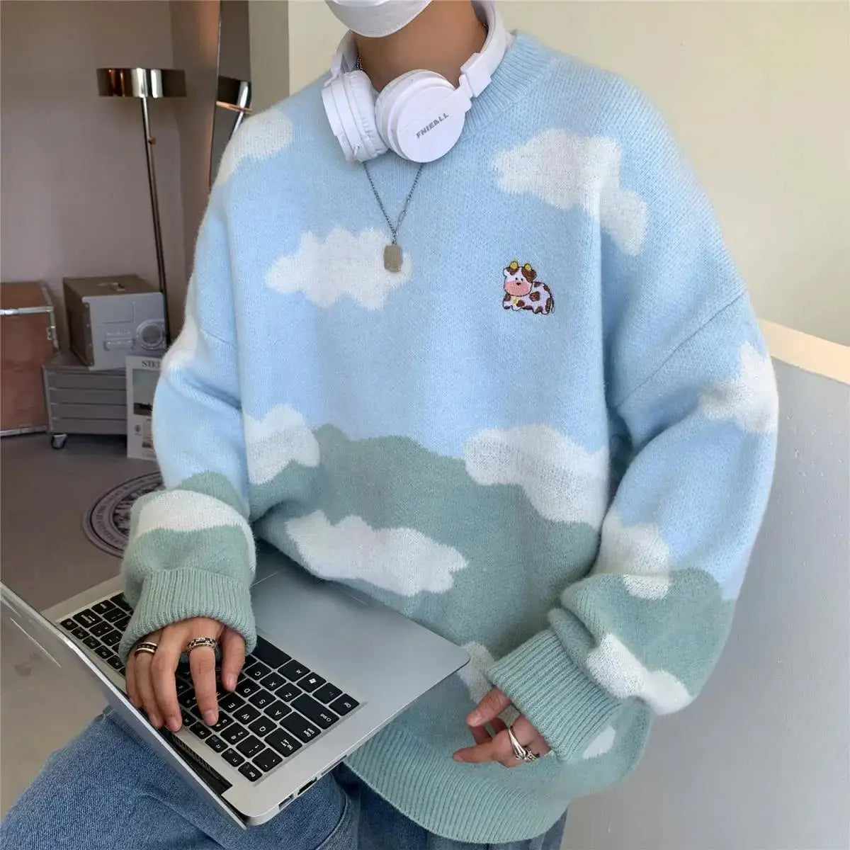 Pull tendance bleu ciel imprimé vache et nuages pour femmes