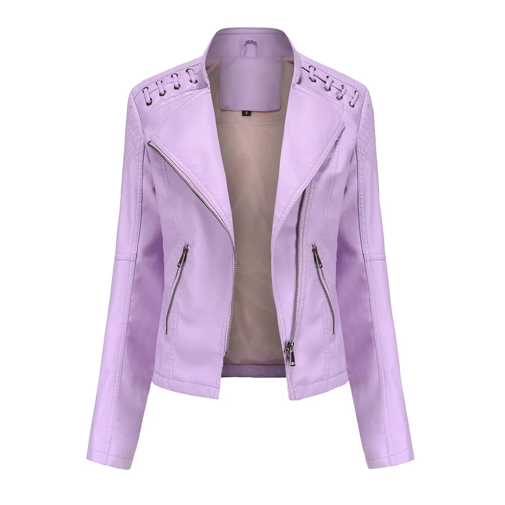 Veste en similicuir, coupe courte, manches longues pour femmes