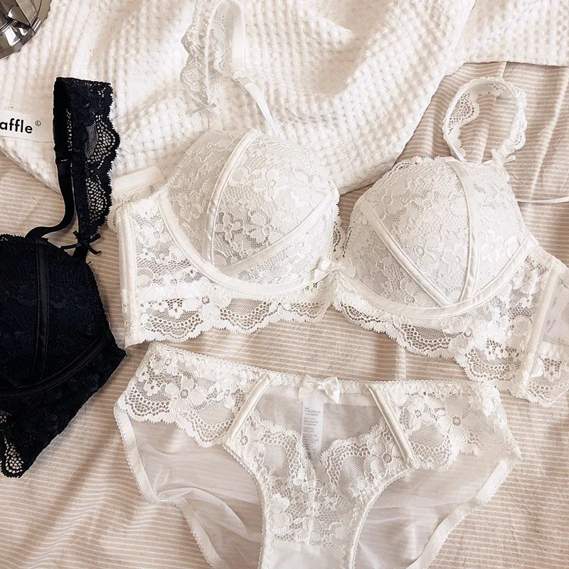 Ensemble soutien-gorge push Up en dentelle brodée et culotte pour femmes