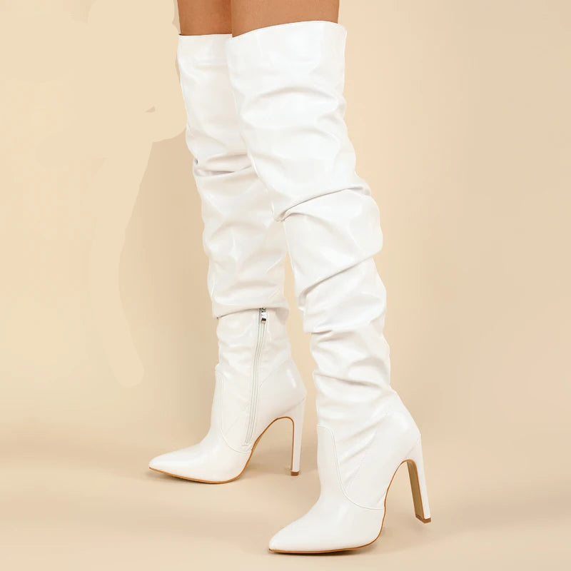 Botte cuissardes plissées mode bout pointu pour femmes