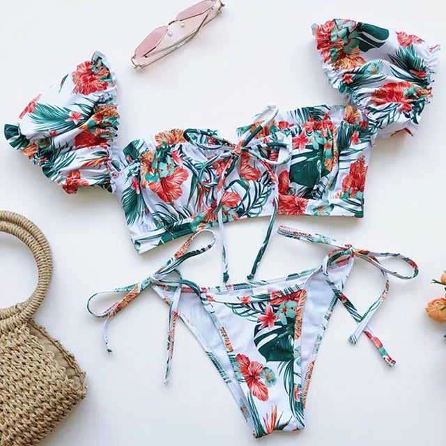 Maillot de bain deux pièces à manches courtes et à volants pour femmes