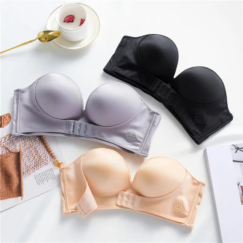 Soutien-gorge push-up sans bretelles en V profond pour femme