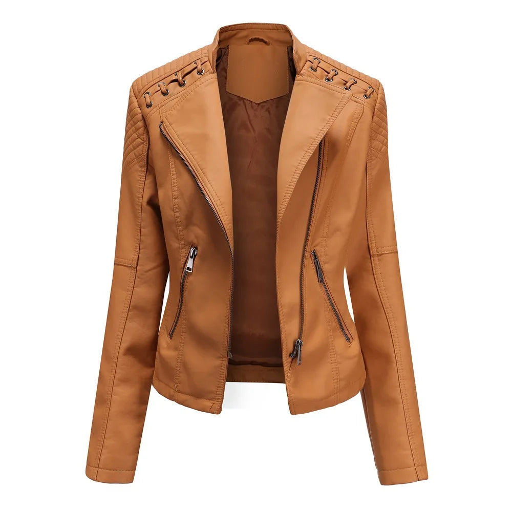 Veste en similicuir, coupe courte, manches longues pour femmes