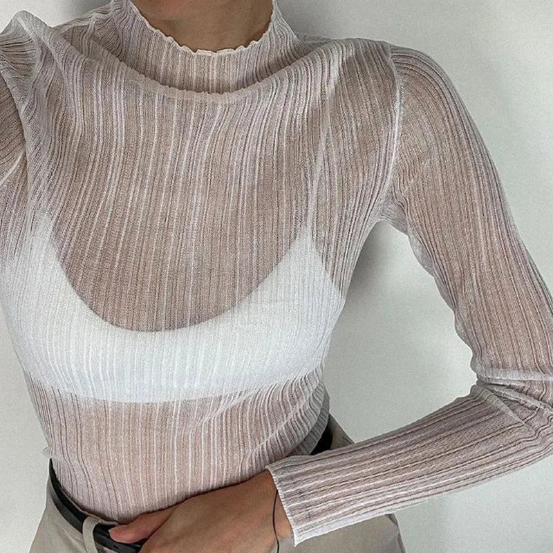 T-Shirts élégants à manches longues et col montant pour femmes