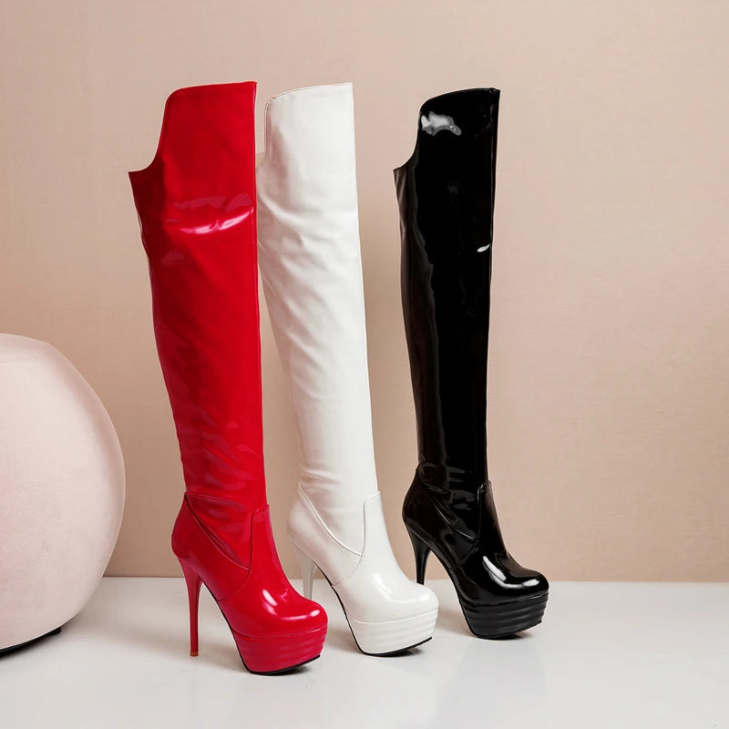 Bottes au dessus du genou en cuir verni à talons fins pour femmes