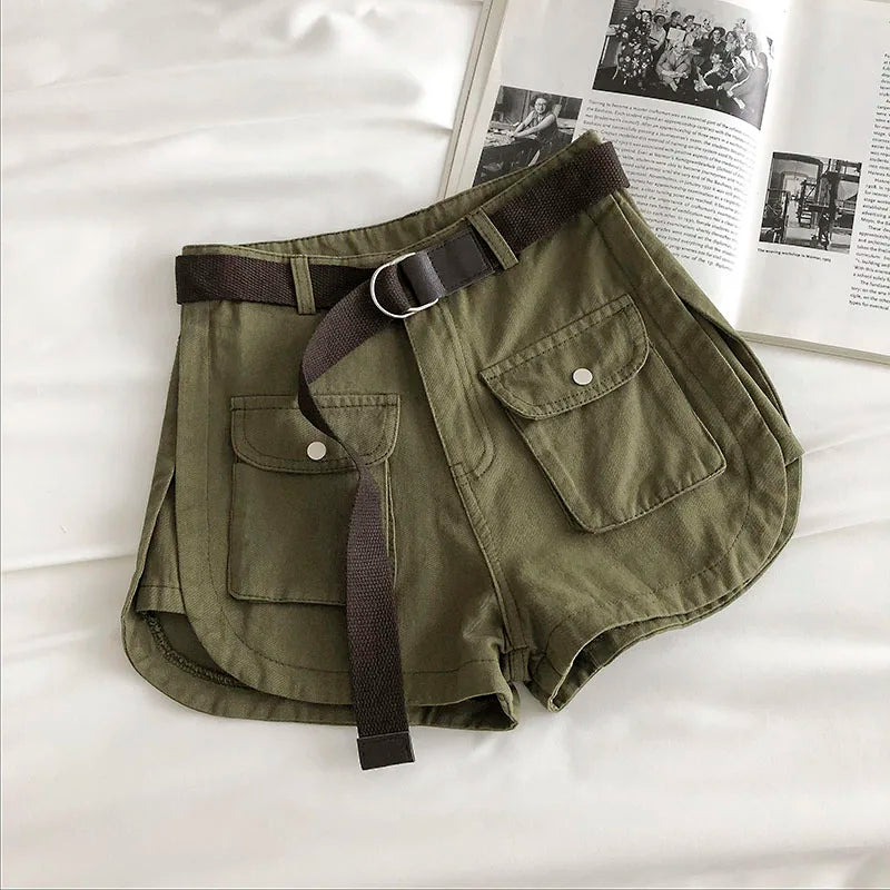 Short en jean vert Style Safari pour femmes
