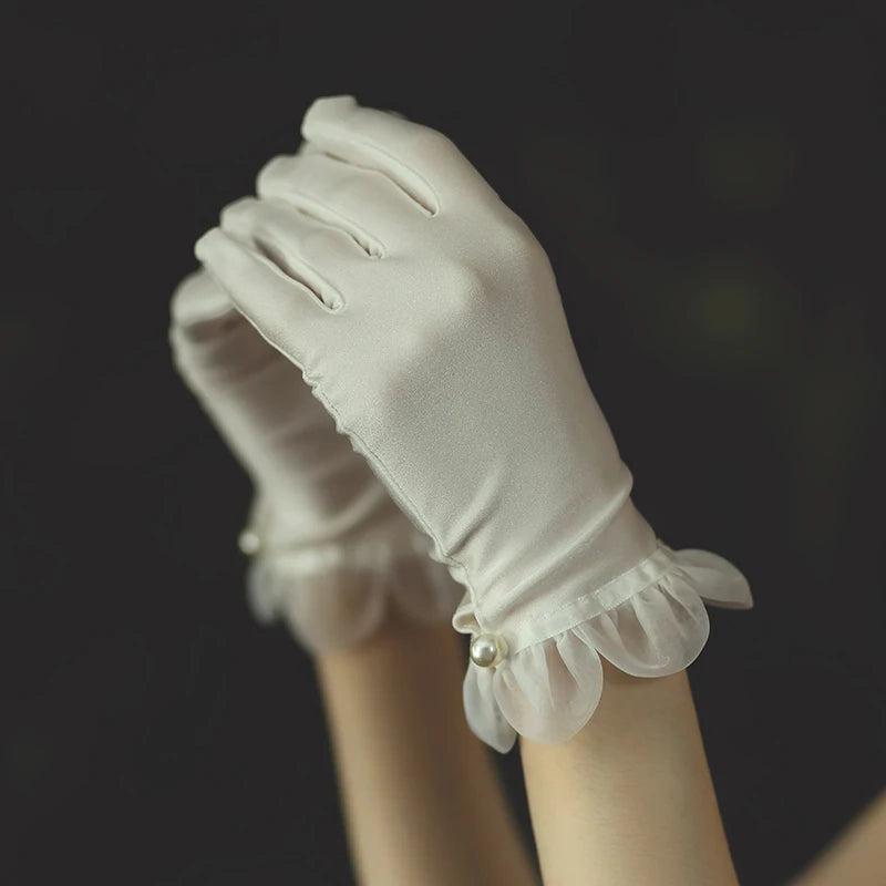 Gants de poignet courts en satin et tulle blanc pour femmes