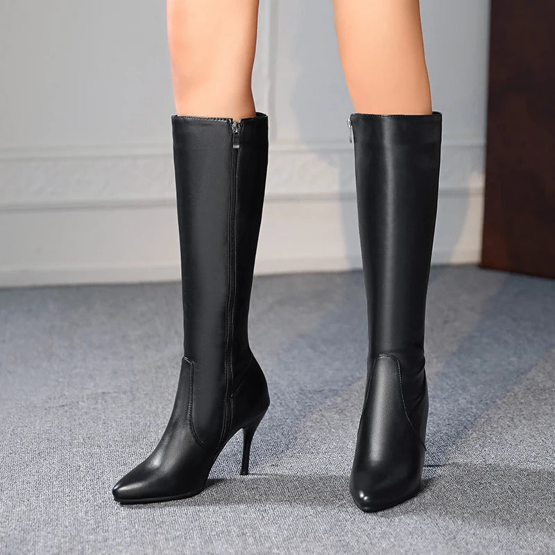 Bottes pointues au genou avec fermeture à glissière latérale pour femmes