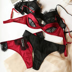 Ensemble soutien gorge push-u et string en dentelle et Satin pour femmes