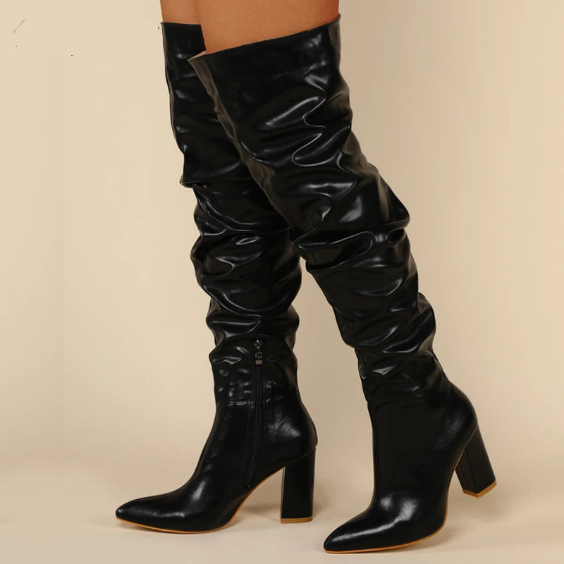 Bottes hautes à talons carrés et fermeture éclair pour femmes