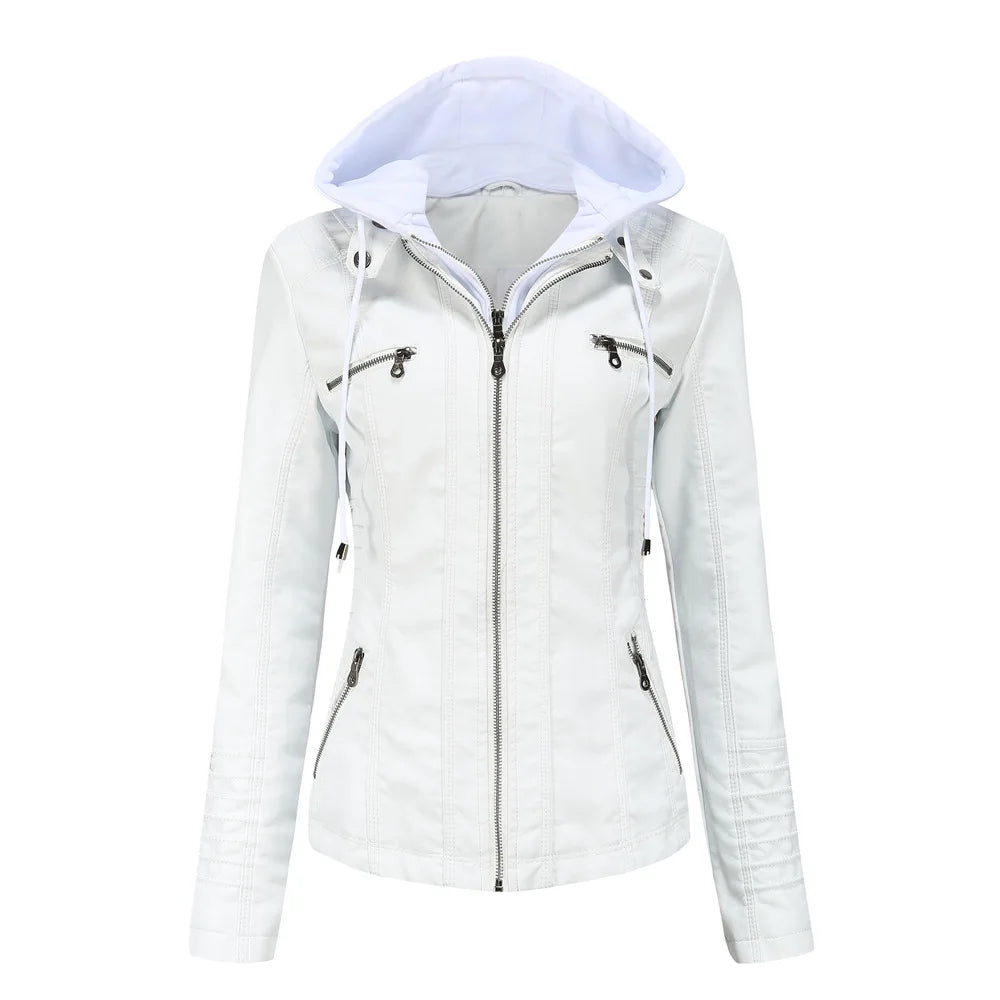 Veste en cuir PU amovible à capuche pour femmes