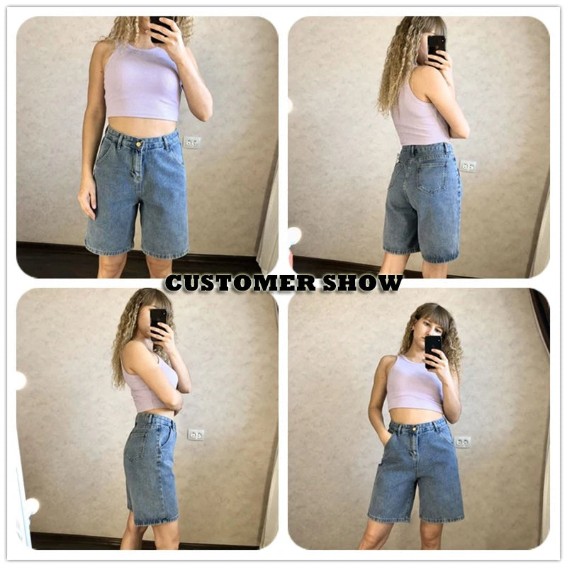 Bermuda en jean noir à boutons droits pour femmes