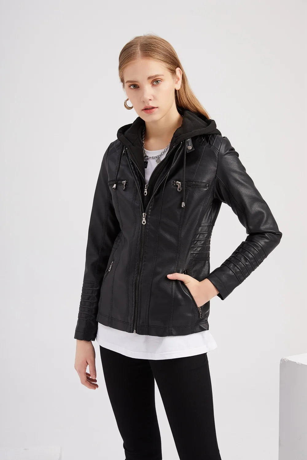 Veste en cuir PU amovible à capuche pour femmes