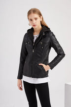 Veste en cuir PU amovible à capuche pour femmes
